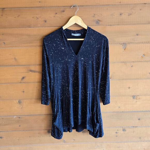 Alembika Tunic Top 2 Black White Splatter Pocket Front 3/4 Sleeve Soft Stretchy - Picture 1 of 7